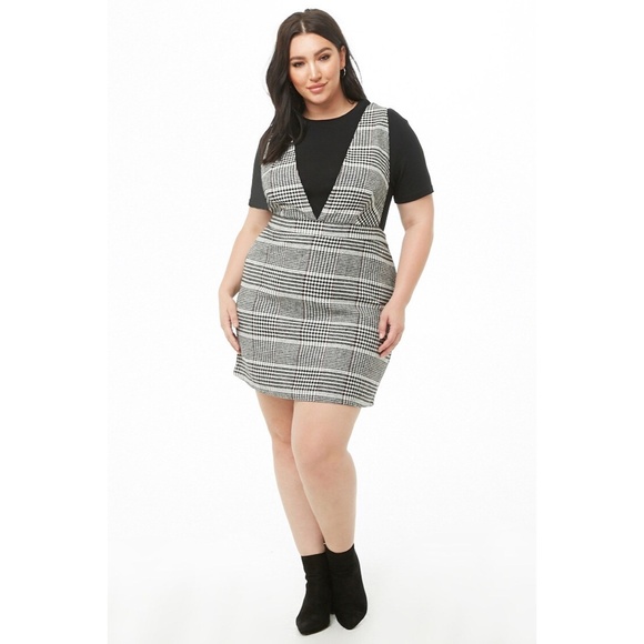 Forever 21 Black White Plaid Plunge V Neck Pinafore Mini Dress 2X NWT - Picture 14 of 14